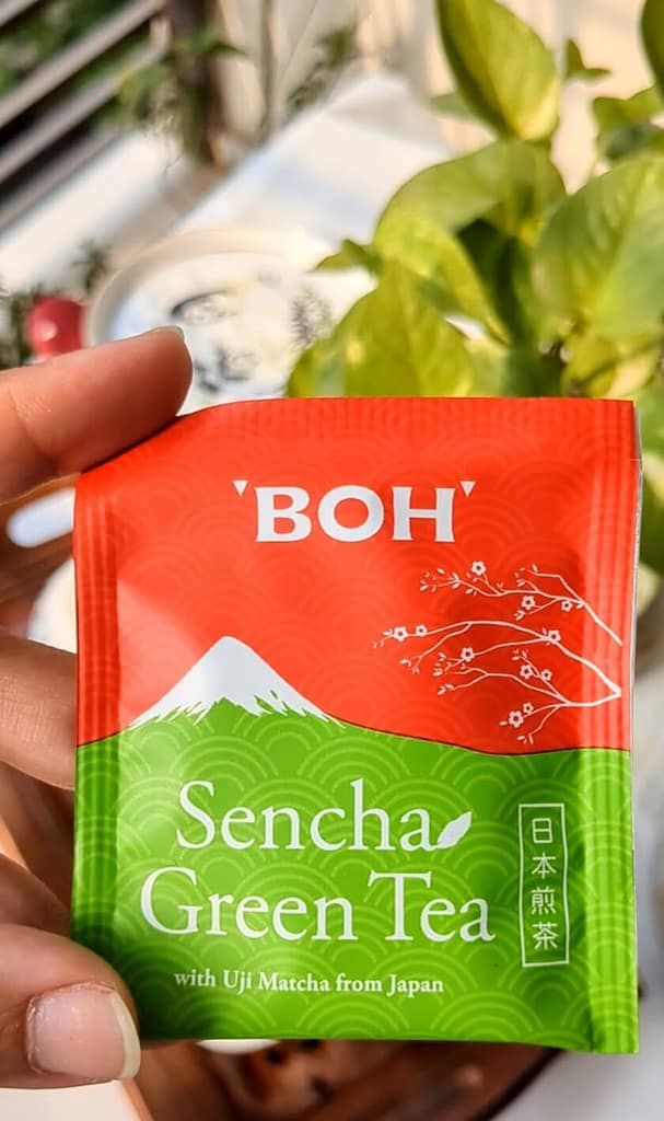 A close up of Boh Sencha Green Tea teabag