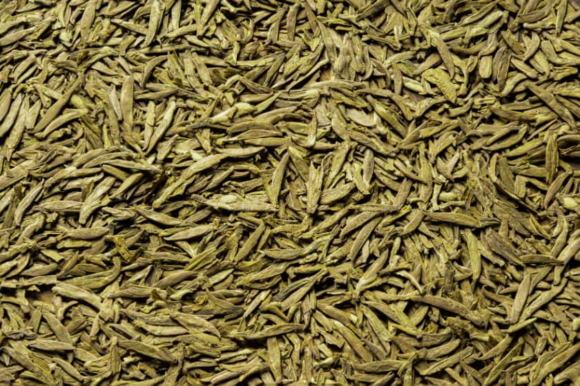 Dragonwell tea leaves, one of the most popular Chinese green tea types